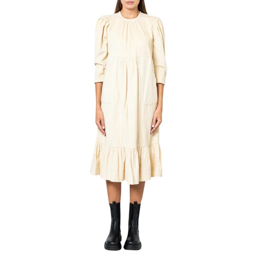 By Timo Cream Thick Wale Corduroy Flared Midu Dress, Size Xs